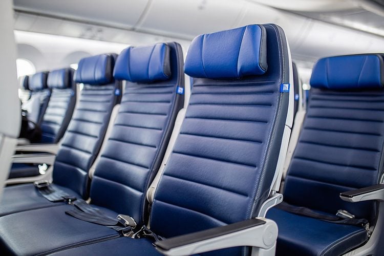 Rows of dark blue aircraft passenger seats with armrests and seat belts