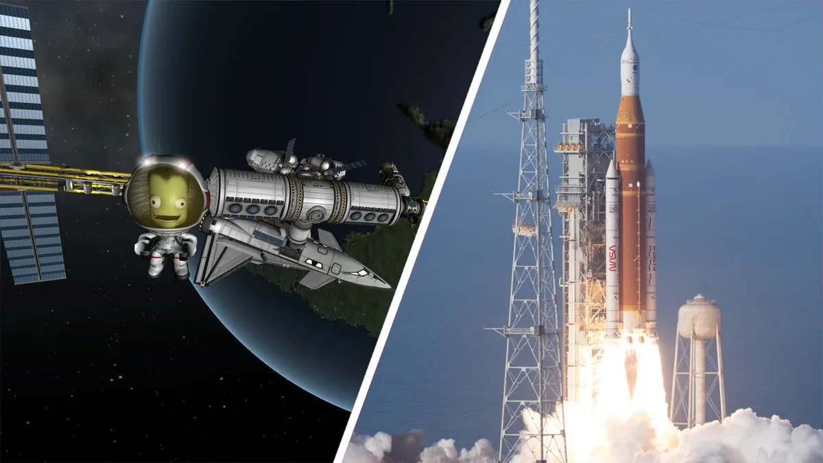 Spacecraft in orbit beside a launch vehicle lifting off
