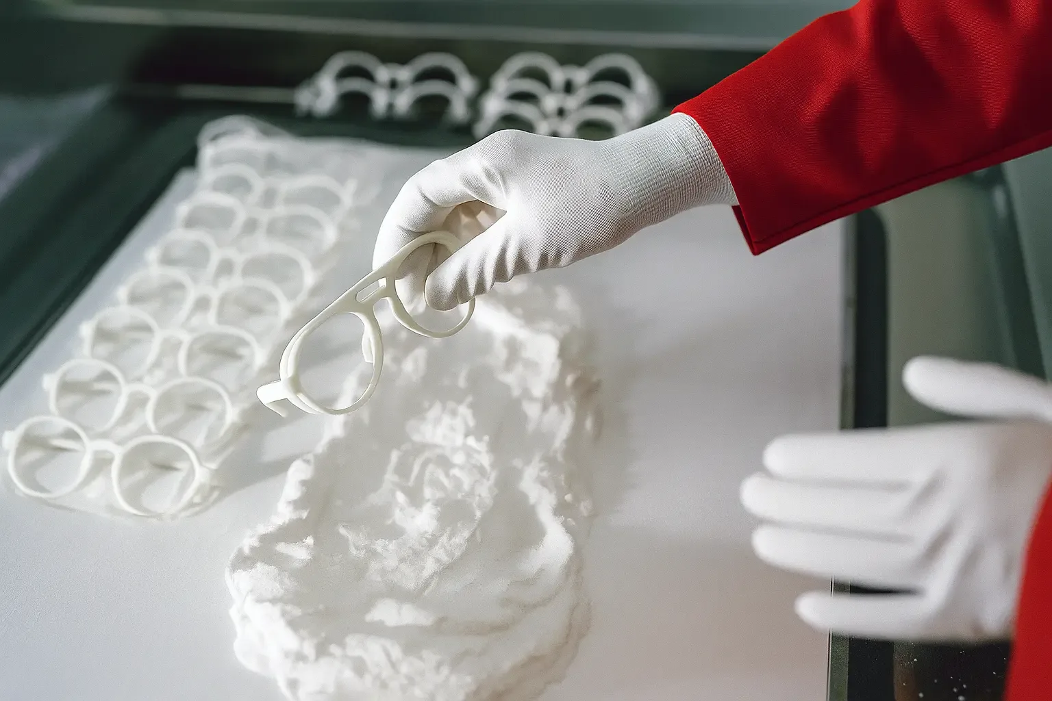 SLS nylon parts being recovered from the powder cake after a batch build