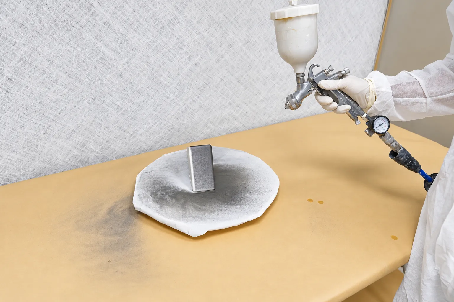 Spray gun applying a coating to a part