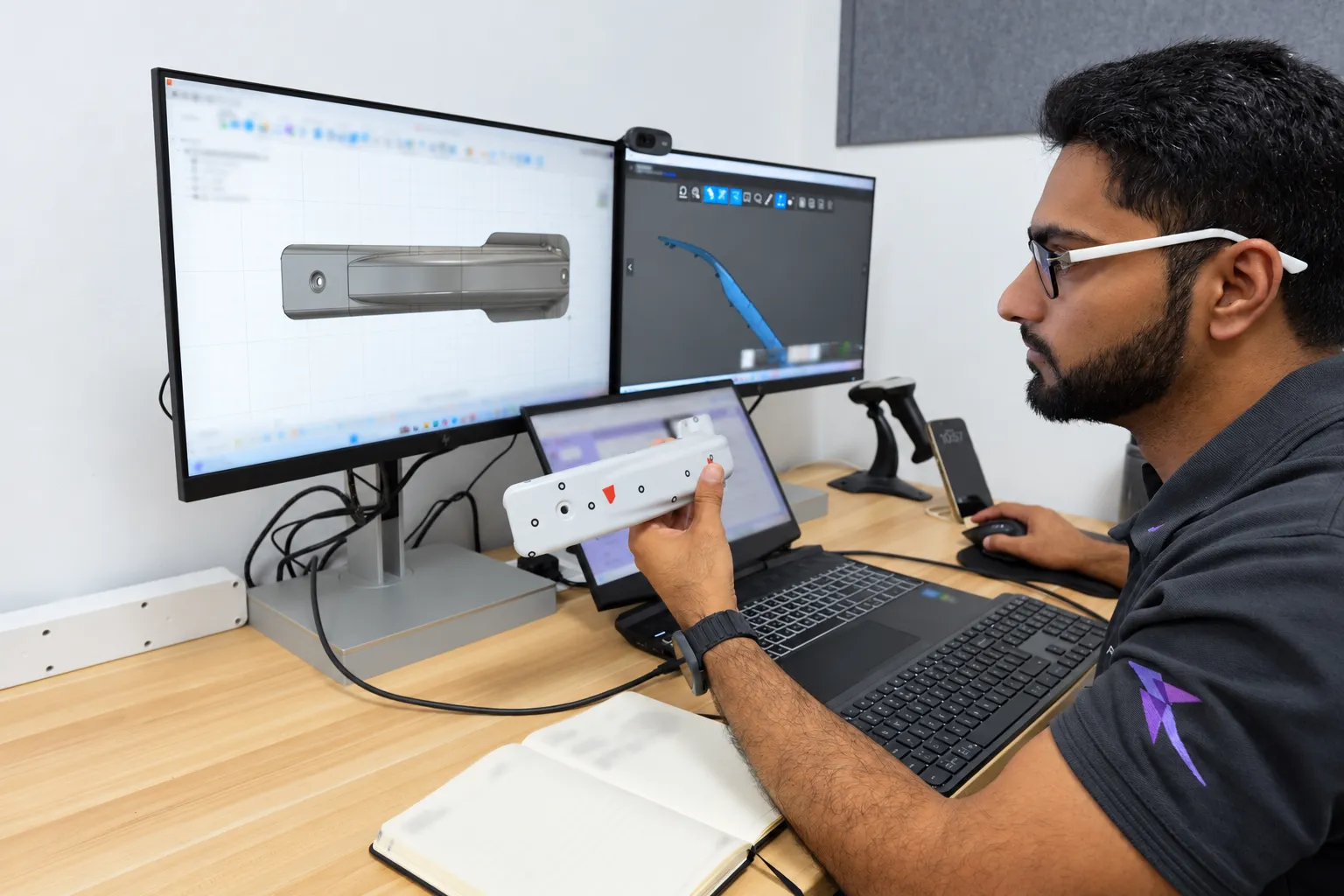 Engineer comparing a component with its CAD model on two screens