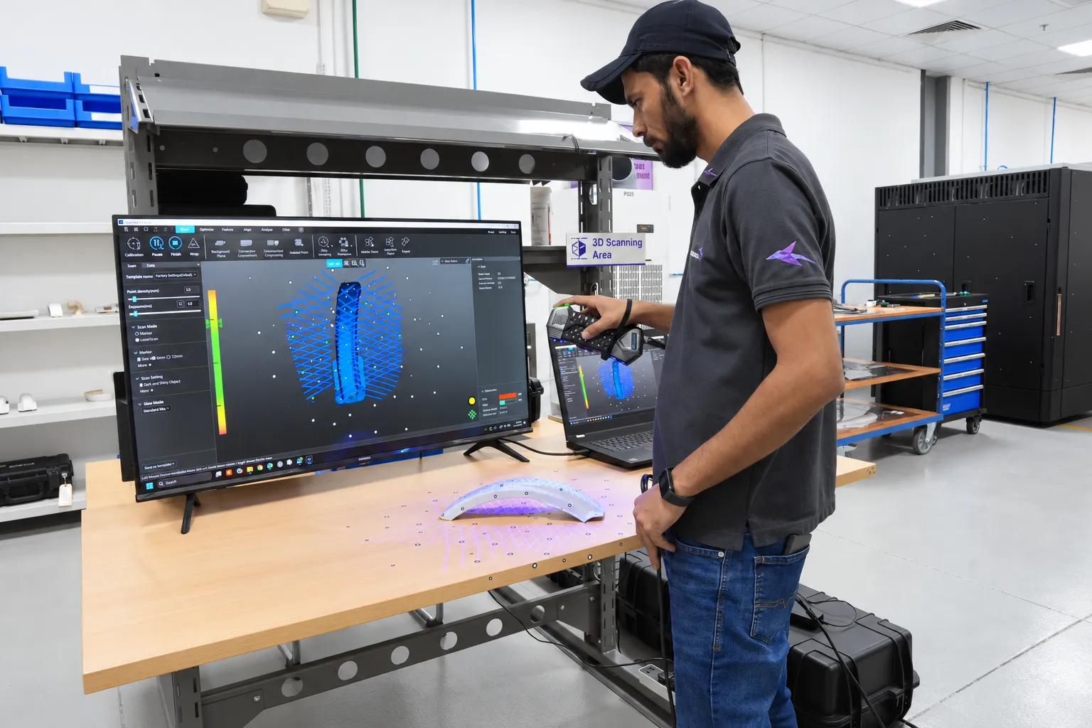 Operator 3D scanning a component