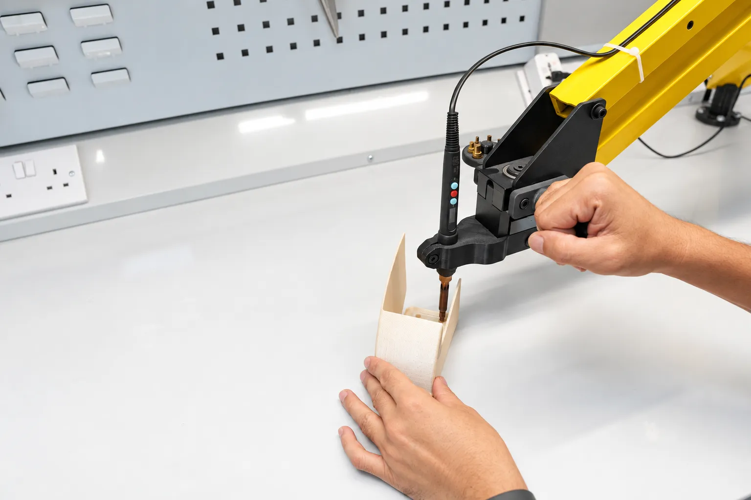 Technician installing a threaded insert in a printed part