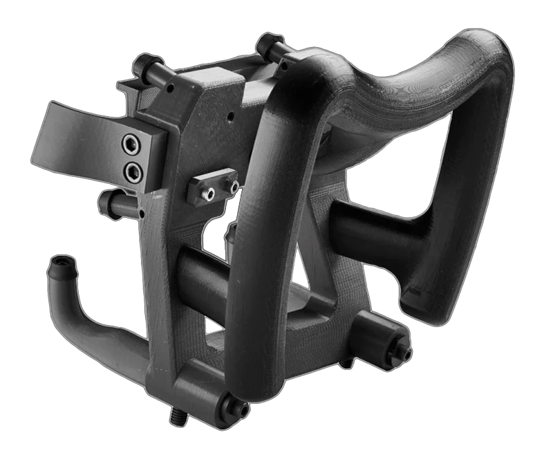 Black ABS-M30 manufacturing fixture with handles and mounting features