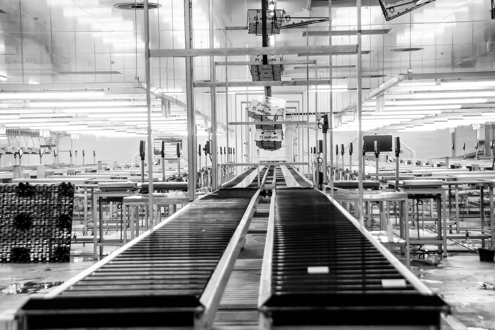 Industrial production line with roller conveyors