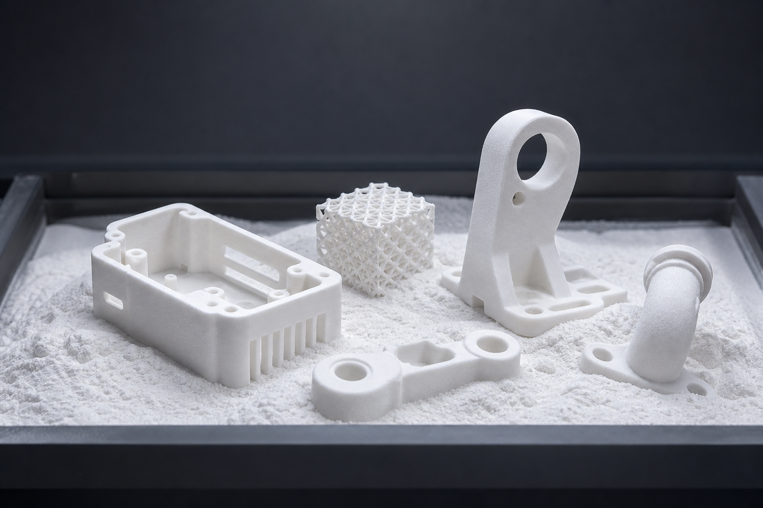 SLS nylon brackets and lattice parts in the powder bed