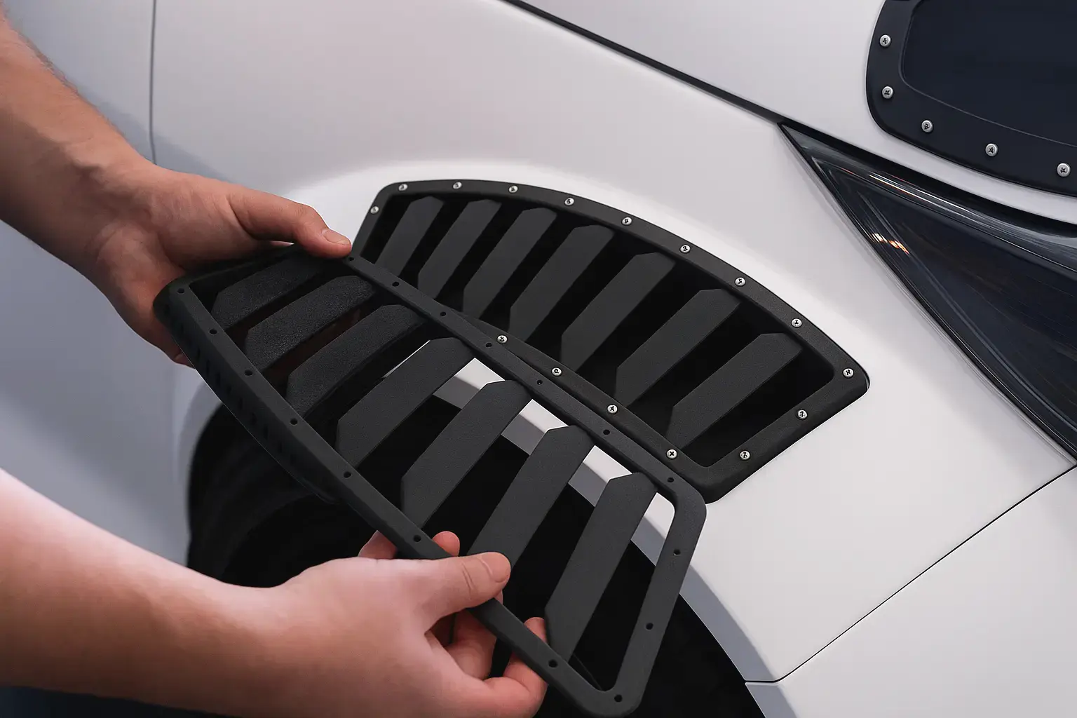 SLS nylon vent part held against a vehicle panel