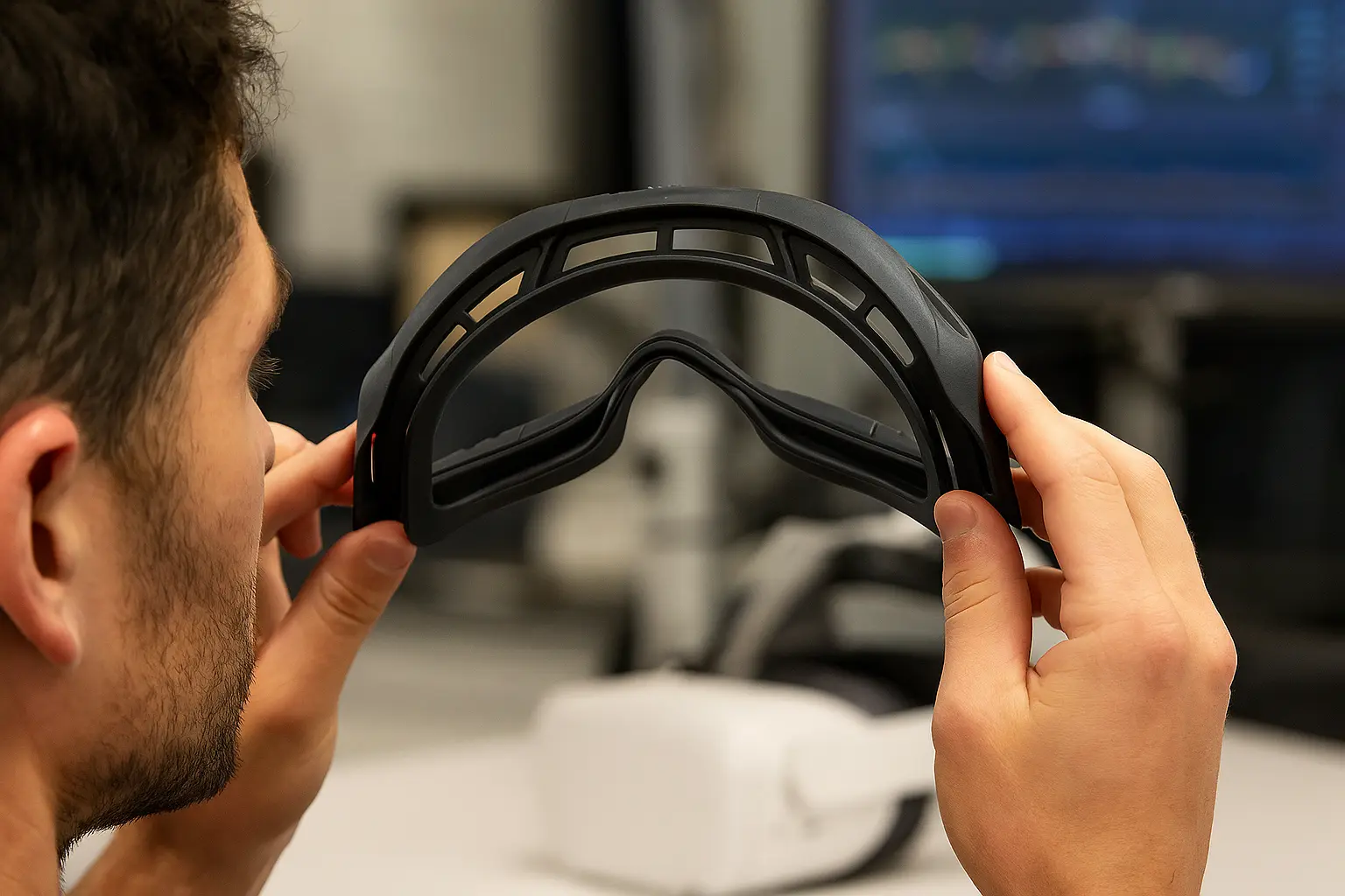 Engineer inspecting a black SLS nylon enclosure