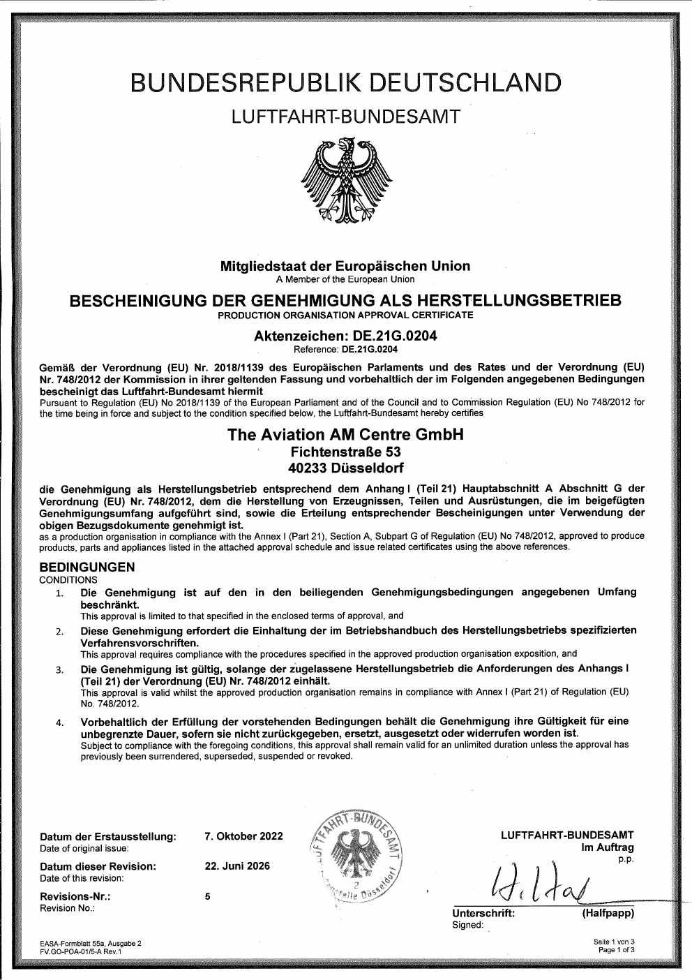 Preview of the EASA Part 21G approval document
