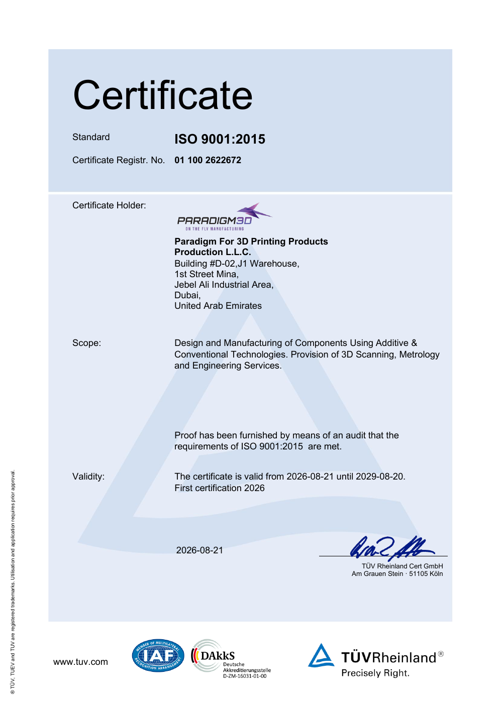 Preview of Paradigm 3D ISO 9001:2015 certificate